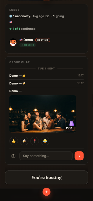 The group chat for a plan, with messages and a shared photo