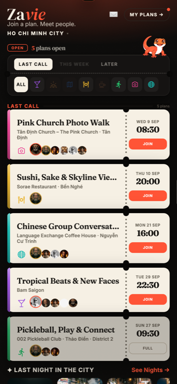 The Zavie feed, showing tonight's plans in Ho Chi Minh City