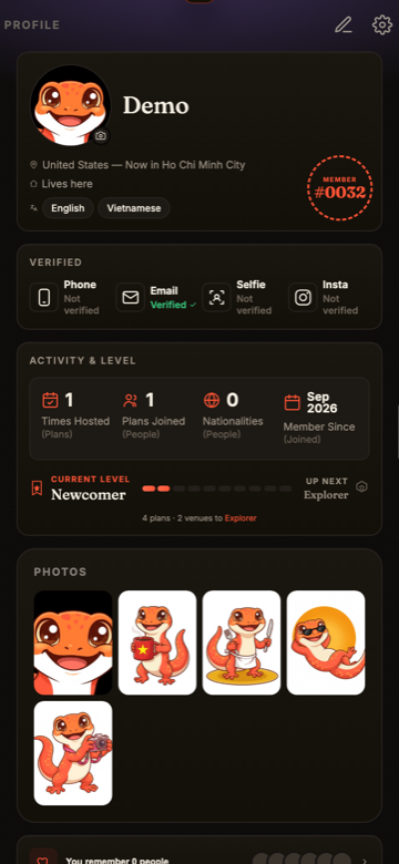 A Zavie profile showing the verification row and activity level